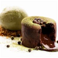 Matcha Lava · Warm dark chocolate cake filled with matcha ganache, served with matcha green tea ice cream