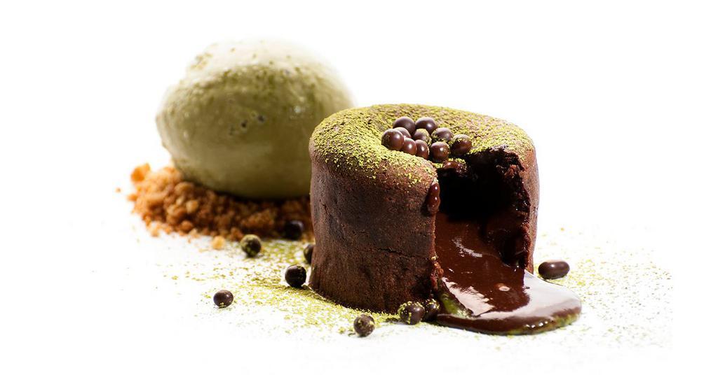 Matcha Lava · Dark chocolate cake, matcha ganache, matcha green tea ice cream, cookie crumbs