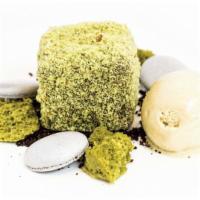 Chocolate Forest · Pistachio and apricot crumb covered choco mousse cake with chocolate filling, pistachio ice ...