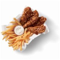 Honey BBQ Chicken Strip Basket · 100% all-white-meat tenderloin strips, tossed in a sweet and smoky Honey BBQ sauce, and serv...