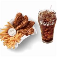 Honey BBQ Chicken Strips with Drink · 100% all-white-meat tenderloin strips, tossed in a sweet and smoky Honey BBQ sauce, and serv...