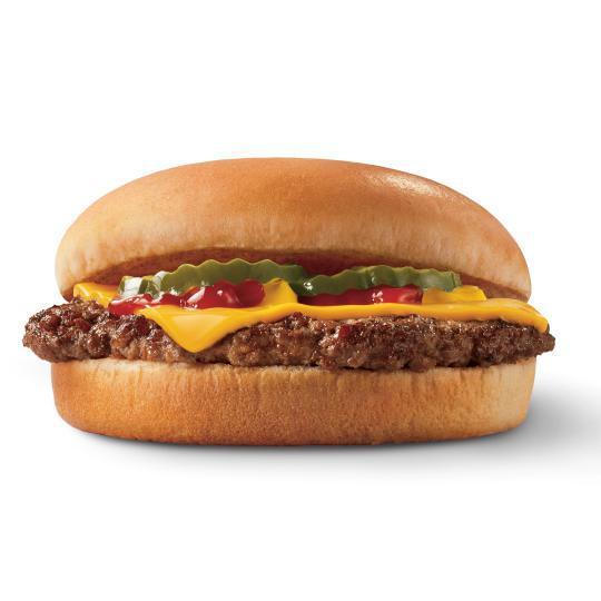 Cheeseburger · One 100% beef patty topped with melted cheese, pickles, ketchup, and mustard served on a warm toasted bun.