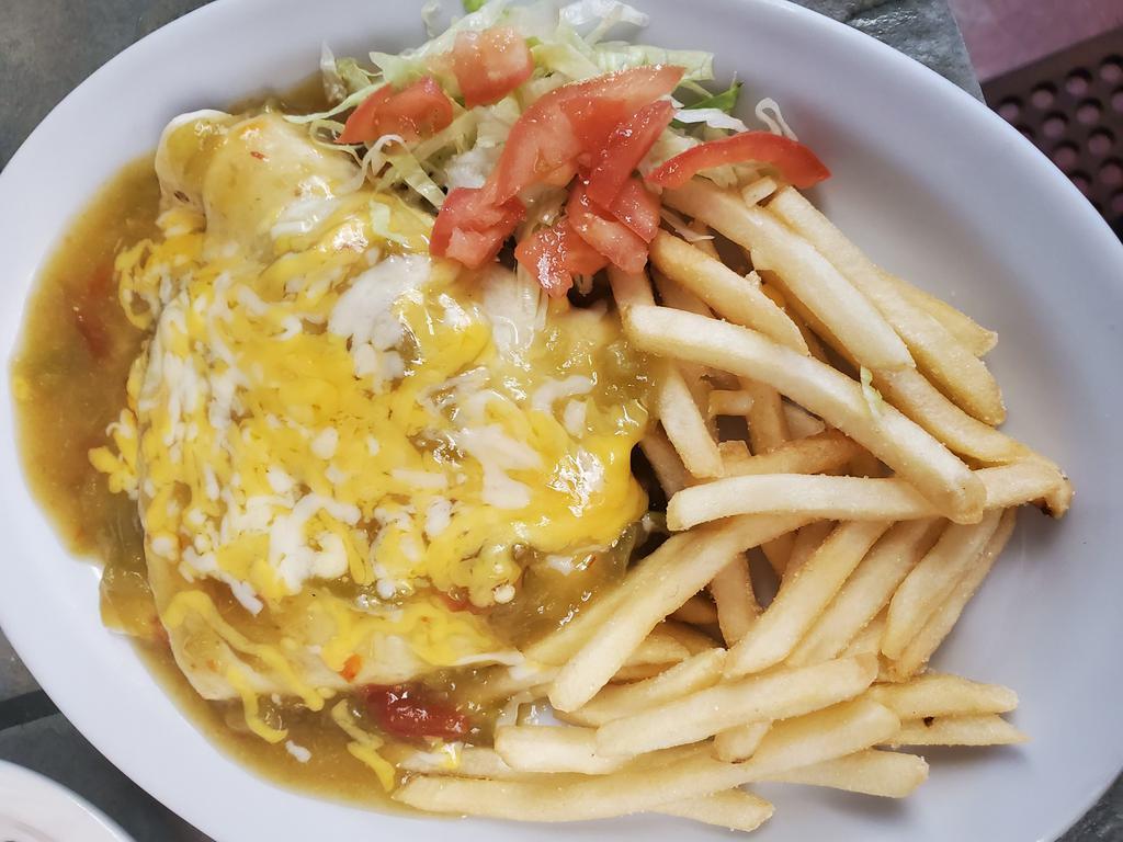 Tortilla Burger · A 1/3 Lb beef pattie wrapped in a flour tortilla smothered with red or green chile, topped with melted cheese.