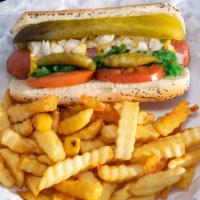 Chicago Dog & Fries Combo · Traditional Chicago Dog ingredients are mustard, relish, onions, tomato wedges, dill spear, ...
