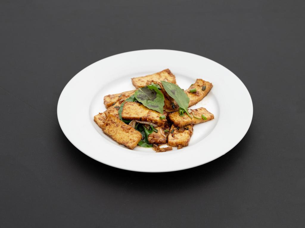 Angel Tofu · Fried Tofu stir-fried with our house special sauce: garlic, green onions, yellow onions and basil. 