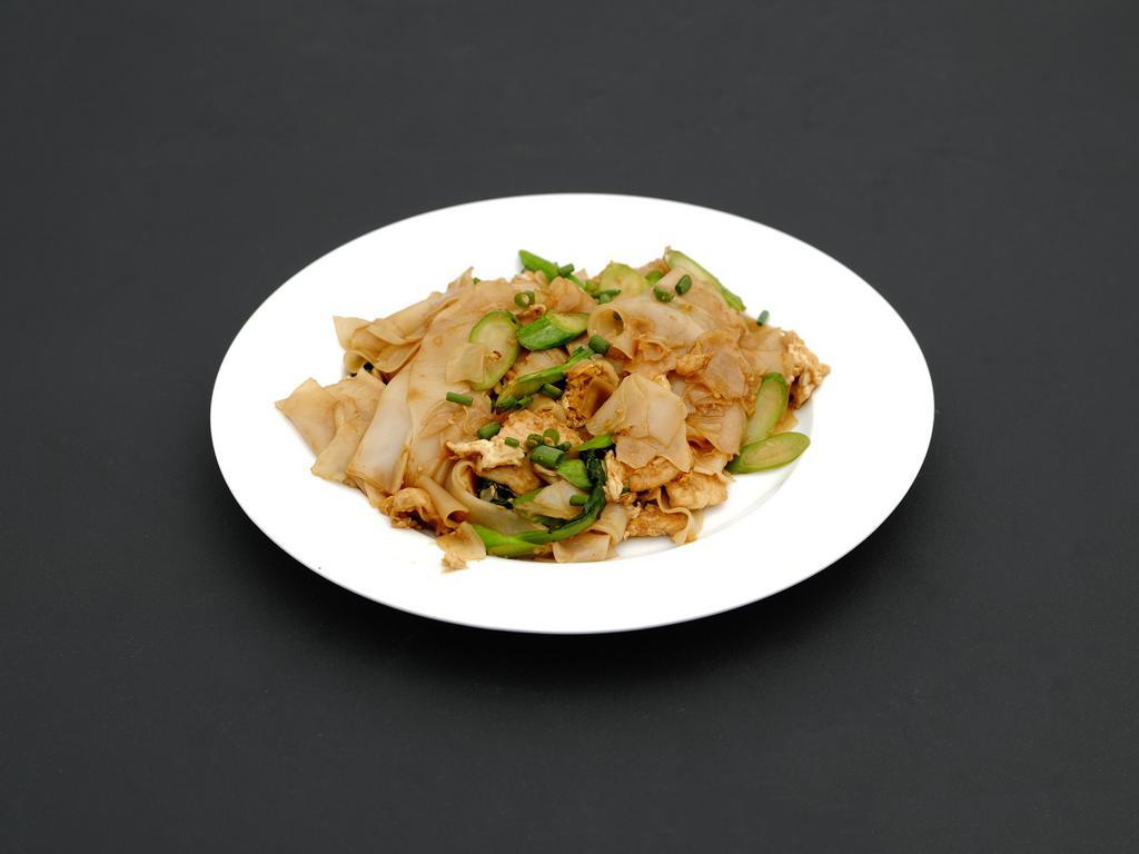 Pad See Ew · Stir-fried wide rice noodles w/ Chinese broccoli, egg, green onion and sweet Thai soy sauce.