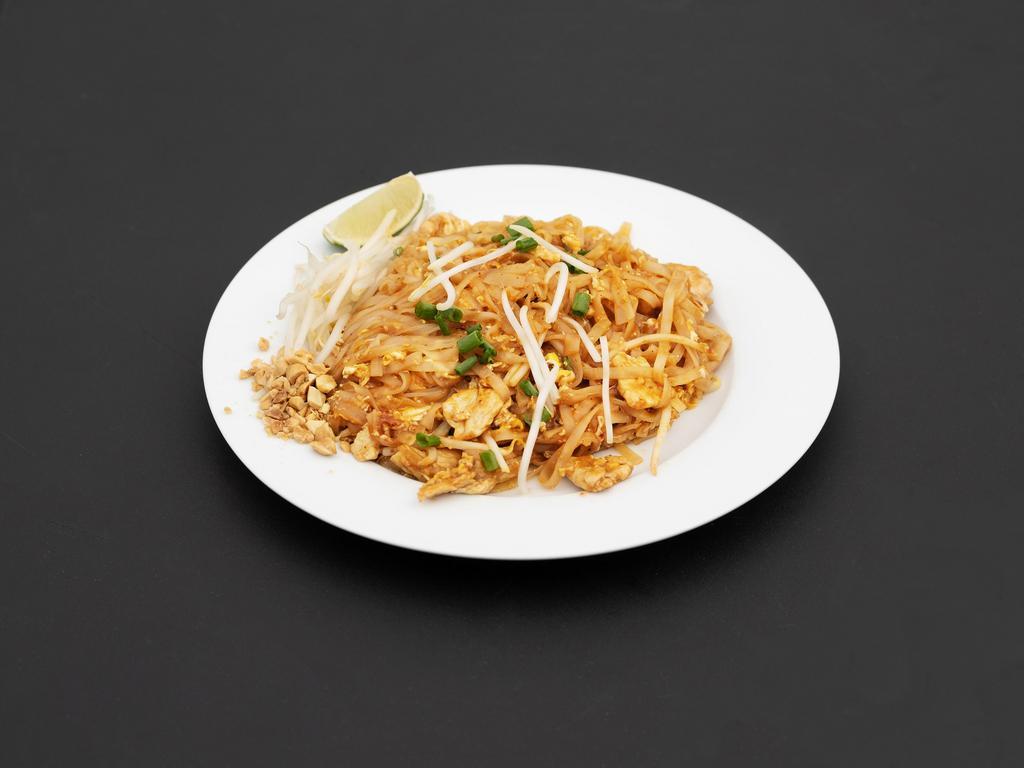 Pad Thai · Thailand most famous stir-fried rice noodles: egg, green onions, bean sprouts and crush peanuts.