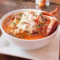 Marinera Soup · Seafood soup. Cream, shrimp, clams, crab, half lobster, seafood mix and hard-boiled egg. Ser...