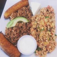Chorizo con Huevos · Scrambled eggs with sausages, rice and beans, sweet plantains and sour cream.