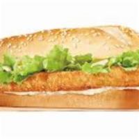 Spicy Chicken Sandwich on a Hero · A long sandwich on a roll. 