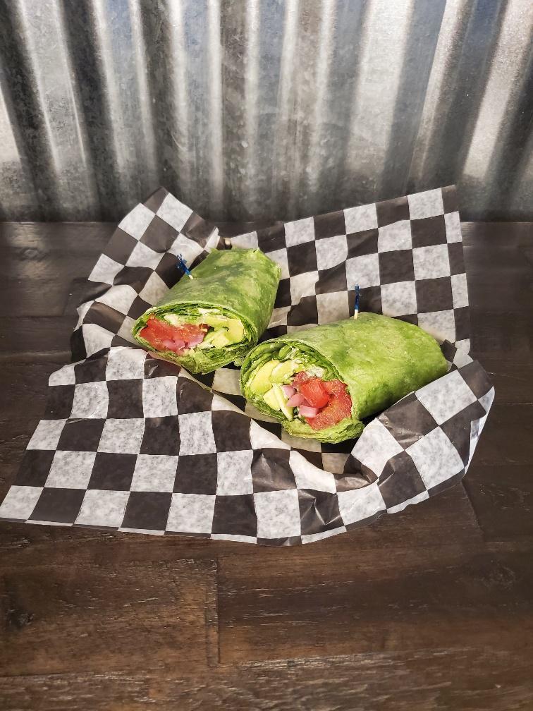 Vegan Delight Wrap · Spinach wrap, hummus, cucumbers, tomato, spinach, avocado, pickled red onion, and fresh cracked pepper