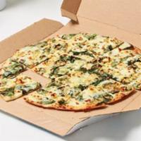 Spinach & Feta Pizza · Creamy Alfredo sauce, Fresh spinach, Fresh onions, Feta, Provolone, Parmesan Asiago and chee...