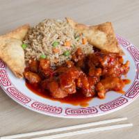 Dinner Orange Chicken · Served with your choice of rice, veggies or lo mein and your choice of egg roll, cheese rang...