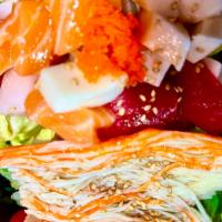 Sashimi Salad · Mixed sashimi, garden green salad and kani with chef's special sauce.