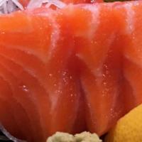 Sake Don · 12 pieces of salmon sashimi over a bowl of steamed sushi rice.