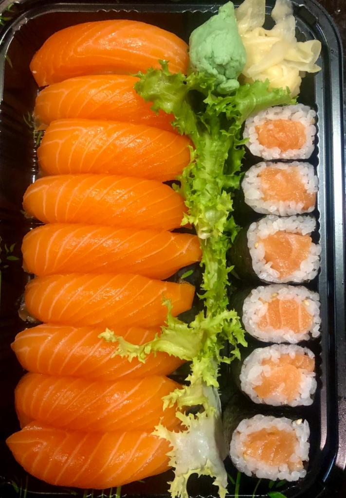 Salmon Lover  · 9 pieces of salmon sushi and 1 salmon roll.