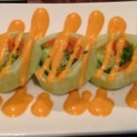 Veggie Naruto Roll · Avocado, cucumber, carrot, lettuce and spicy sauce.