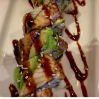 Dragon Roll · Kani, cucumber with eel and avocado on top.
