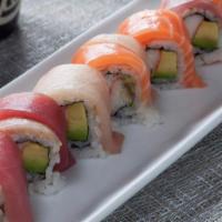 Rainbow Roll · Kani and avocado with assorted sashimi on top.