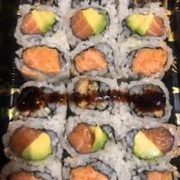 Roll Combo B · Spicy crunchy tuna, salmon avocado and eel cucumber roll.
