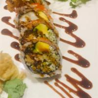 Spider Jumbo Roll · 5 pieces. Whole soft shell crab, avocado, cucumber, caviar and eel sauce.