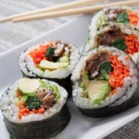 Vegetable Jumbo Roll · 5 pieces. Avocado, asparagus, cucumber, oshinko, carrot, lettuce and chef's special sauce.