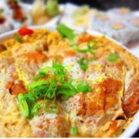 Katsu Don · Chicken or pork cutlet with egg and veggies over rice.