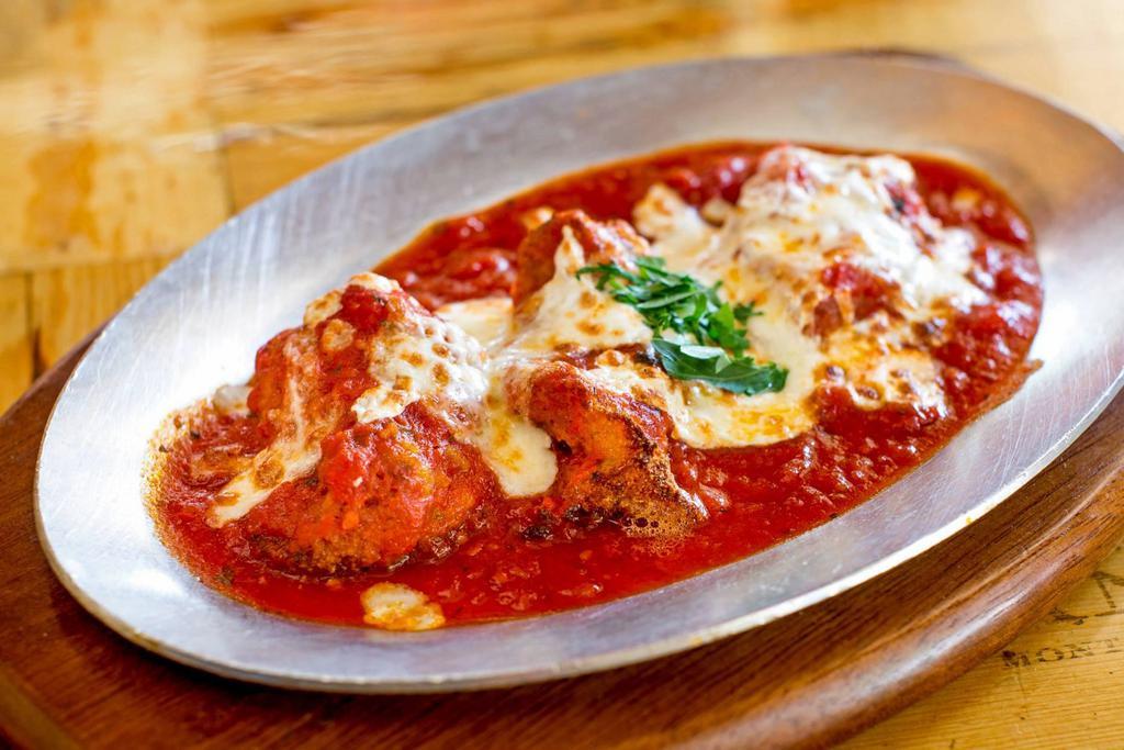 Shrimp Parmigiana Entree · Baked large shrimp with mozzarella in a marinara sauce. Served with choice of salad or pasta.