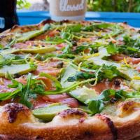 Salmon Avocado Pizza · Smoked salmon, avocado, arugula, ricotta, dill