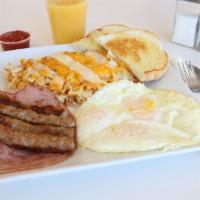 Archimedes' Feast · 2 sides of hash browns covered in melted pepper jack and cheddar cheese with 3 eggs any styl...