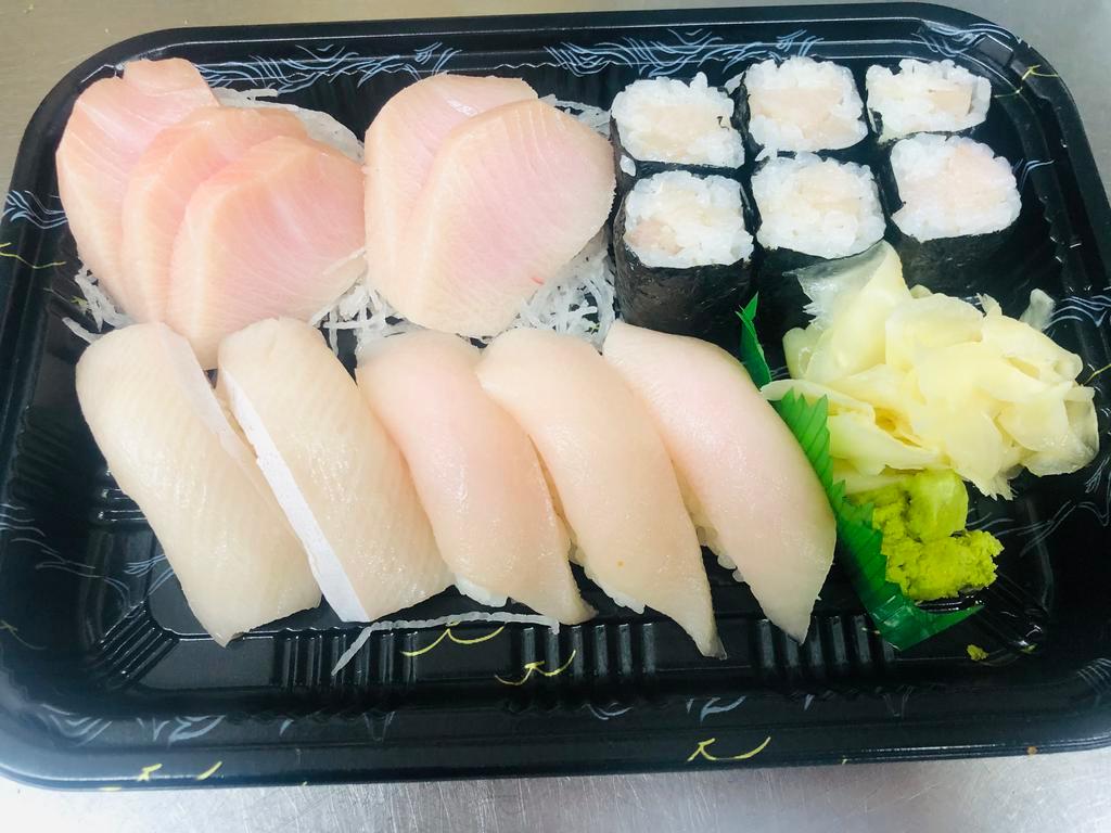 Yellowtail Lover · 5 pieces Sushi, 5 pieces Sashimi and 1 Yellowtail roll.