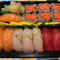 Tri-Color Sushi Combo · 3 pieces tuna, 3 pieces salmon, 3 pieces yellowtail and 1 spicy tuna roll.