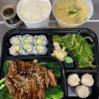 3. Beef Teriyaki Dinner Bento Box · Served w. Rice, 3 Pcs Shrimp Shumai, 1 California Roll, and Soup or Salad.