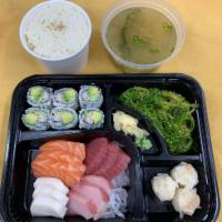 11. Sashimi Dinner Bento Box · Served w. Rice, 3 Pcs Shrimp Shumai, 1 California Roll, and Soup or Salad.