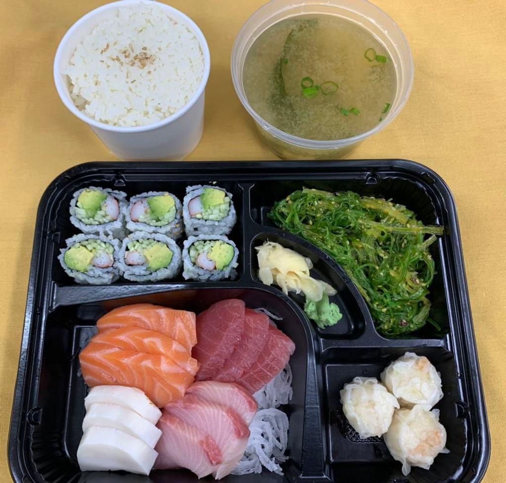 11. Sashimi Dinner Bento Box · Served w. Rice, 3 Pcs Shrimp Shumai, 1 California Roll, and Soup or Salad.