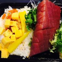 Tekka Don Platter · Fresh sliced tuna on top of sushi rice. Served with miso  soup or salad.