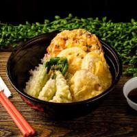 Veggie Ten Don · Assorted Japanese vegetables in lightly fried tempura batter; asparagus, eggplant, lotus roo...