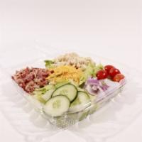 Chicken and Bacon Salad · Lettuce, Chicken, bacon, tomato, cheddar, red onion, cucumber, dressing