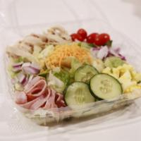 Chef Salad · Lettuce, Ham, turkey, tomato, cheddar cheese, cucumbers, red onion, eggs, dressing