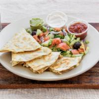 Cheese Quesadilla with Chicken and Cheese · A taste of Mexico, with cheese, onion, pepper, salsa, guacamole and sour cream.