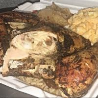 B1. Jerk Chicken Dinner w/ cornbread, 3sides and sauces. · Boneless available. BOne-IN Sold Out until Monday.