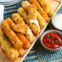 Mozzarella Cheese Stick ·  Mozzarella cheese that has been coated and fried.