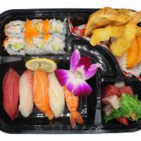 Sushi & Sashimi Box #2 · 5pc Nigiri, California Roll, Tempura, Sashimi Salad