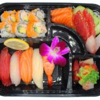 Sushi & Sashimi Box #3 · 5pc Nigiri, California Roll, 6pc Sashimi, Sashimi Salad