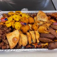 Churrumba Platter · Services 6 people. Fried pork chunks, fried chicken chunks, chicken wings, bacalaito,(2)Mini...