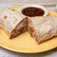 Pastor Burrito · Pastor on a flour tortilla, rice, refried beans, onions, cilantro, sour cream and one side o...