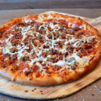 Meatza’ Pizza · Pepperoni, chopped bacon, Italian sausage, mozzarella and Parmesan cheese and marinara sauce.