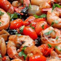 Ephesus Shrimp Saute · Tomatoes, red onion, green pepper and parsley.
