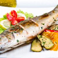 Branzino · Mediterranean sea bass served whole and char-grilled. Served with mixed greens and rice.