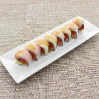 Nice & Spicy Roll · Spicy kani, eel, cucumber & avocado inside. half spicy tuna, half spicy salmon & tobiko on t...